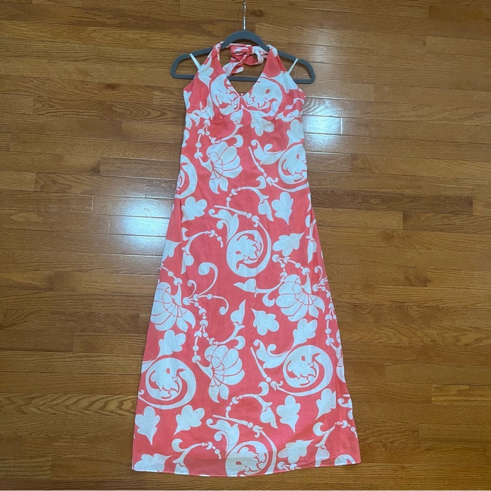 Old Navy Y2K Babydoll Halter Linen Maxi Dress Womens Large Tropical Print Pink